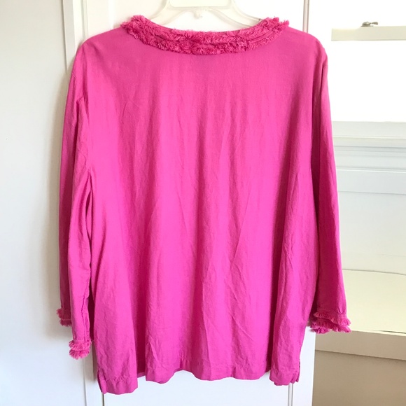 CHICO’S Pink Blouse Top Linen Blend 3/4 Sleeves Fray Trim Women’s Size XL Size 3 - Picture 7 of 16